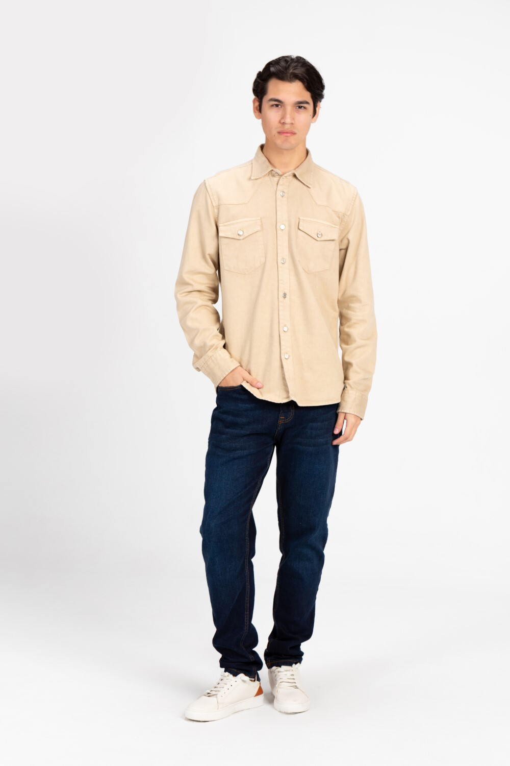 Men's Long Sleeved Gabardine Shirt With Front Pockets