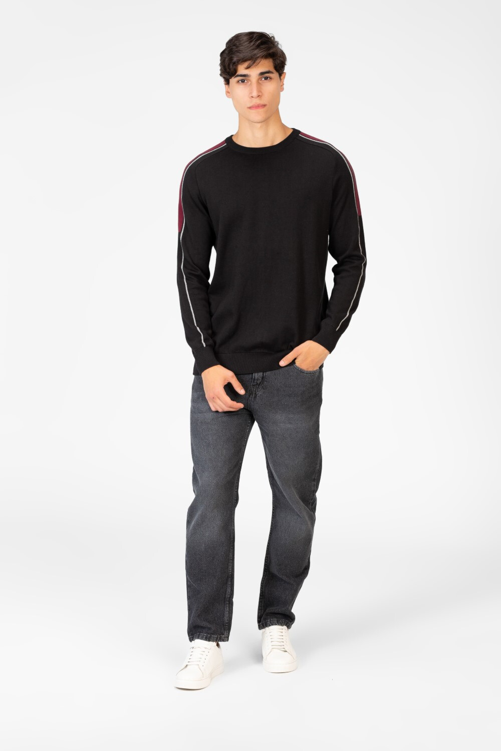 Men's Cotton Round Neck Pullover With Striped Off Shoulder