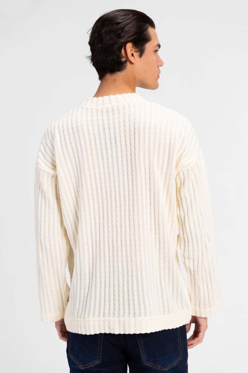 Men's Basic Plain Crew Neck Long Sleeve Pullover Ecru