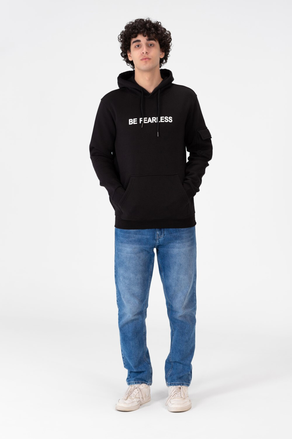 Men's Hoodie Sweatshirt Made Of Milton Material With A Text Print On The Front