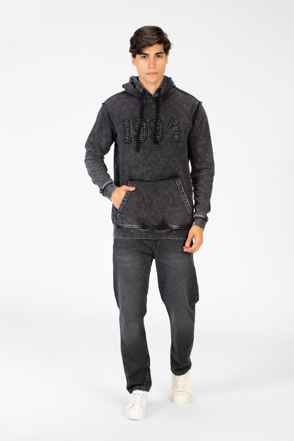 Men's Washed Slim Fit Hoodie Sweatshirt With A Print On The Front