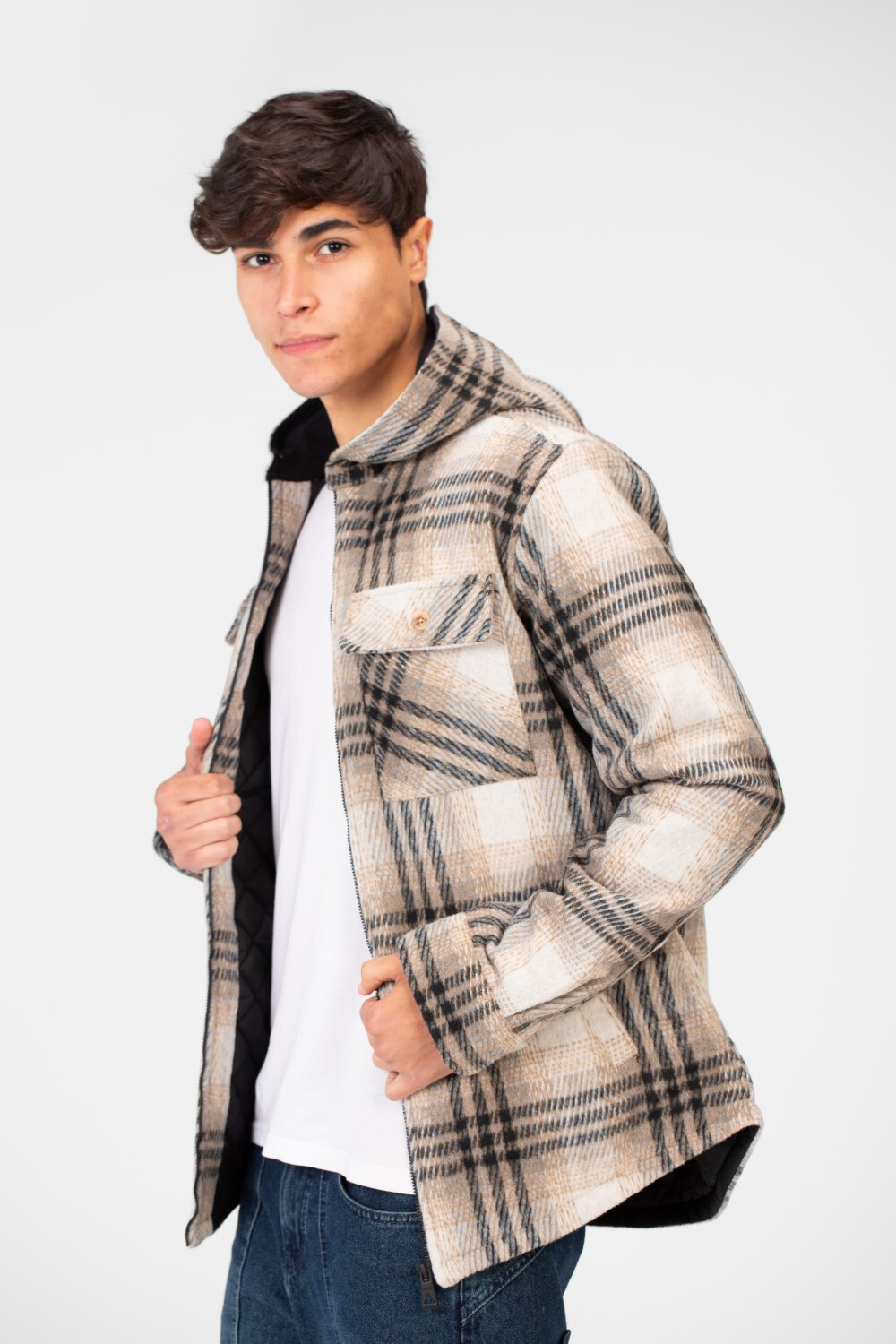 Men's Winter Checked Hood Shirt With Full Front Zipper Closure