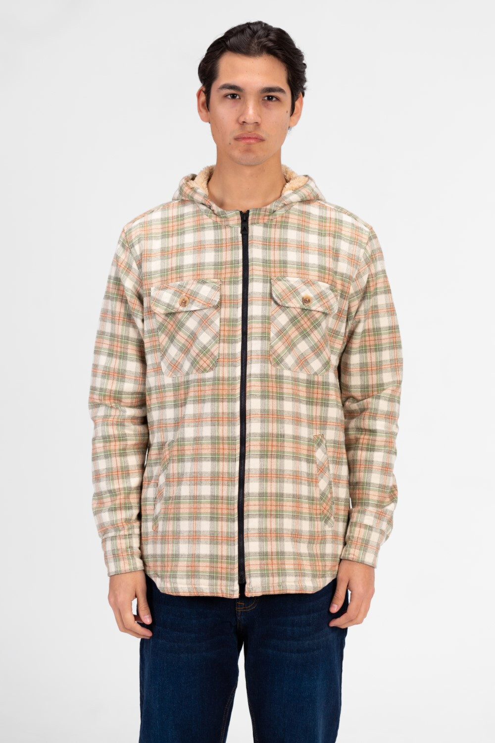 Men's Slim Fit Full Zip Fur Padded Checked Shirt