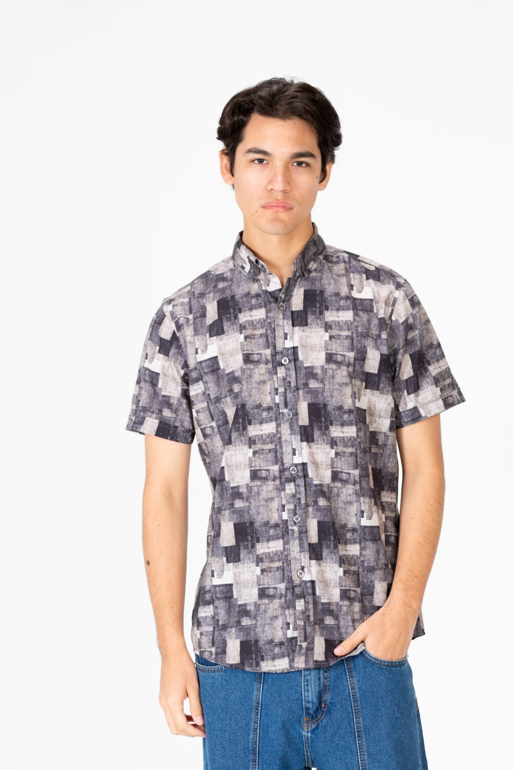 Men's Short Sleeve Printed Poplin Slim Fit Shirt