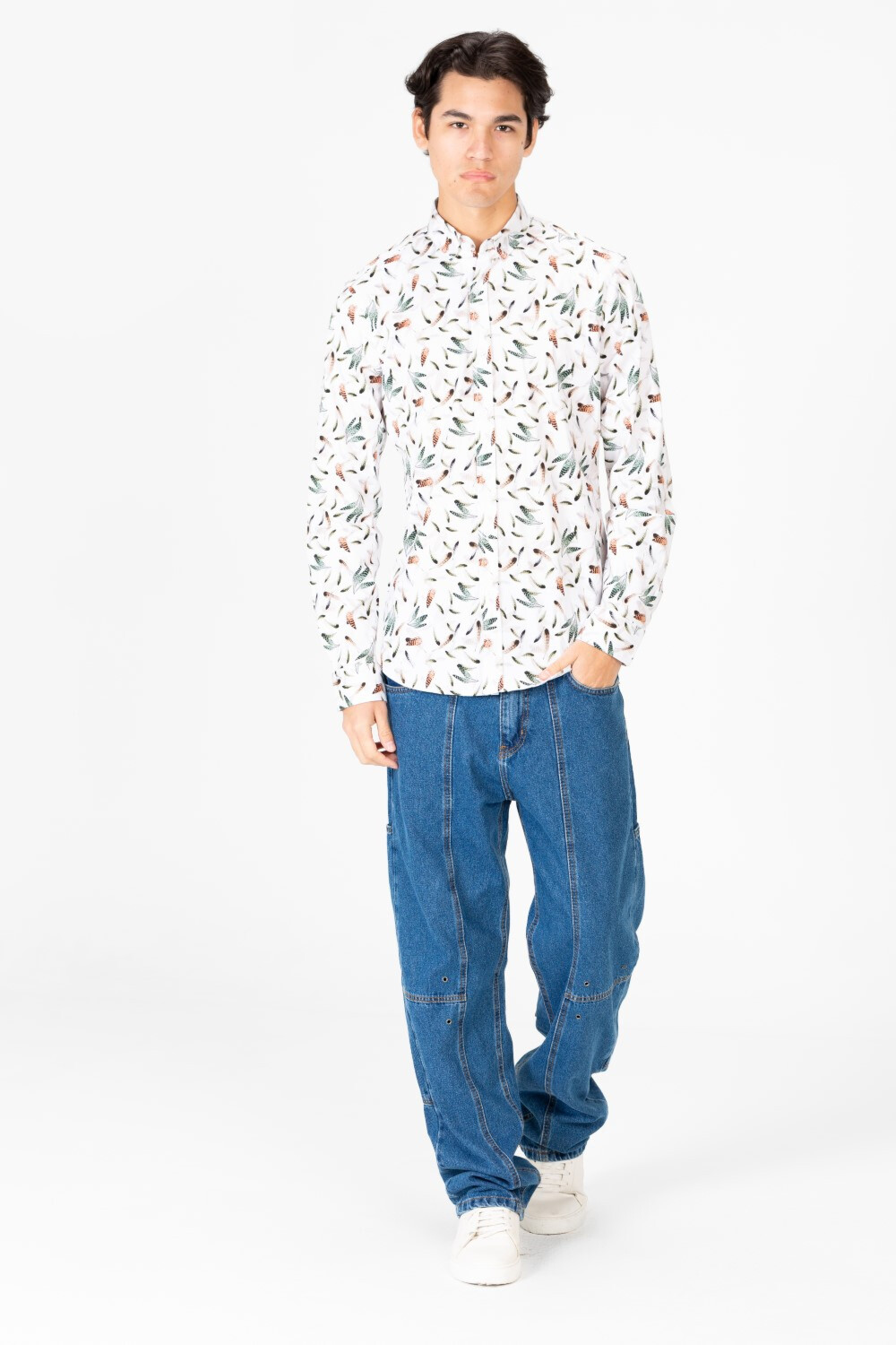 Men's Slim Fit Jakar Poplin Printed Long Sleeve Shirt White