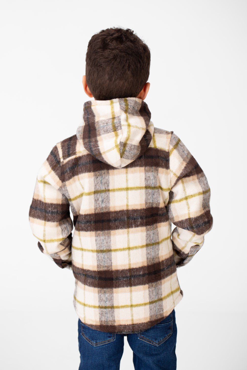 Boy's Checked Fur Padded Hood Shirt With Fully Zipped
