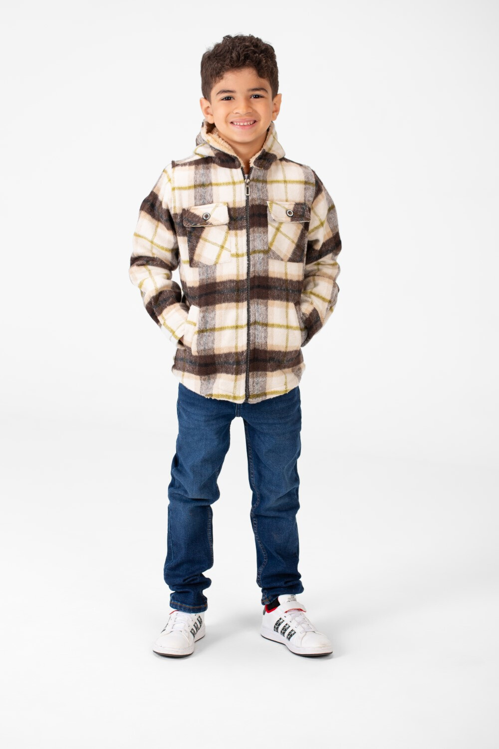 Boy's Checked Fur Padded Hood Shirt With Fully Zipped