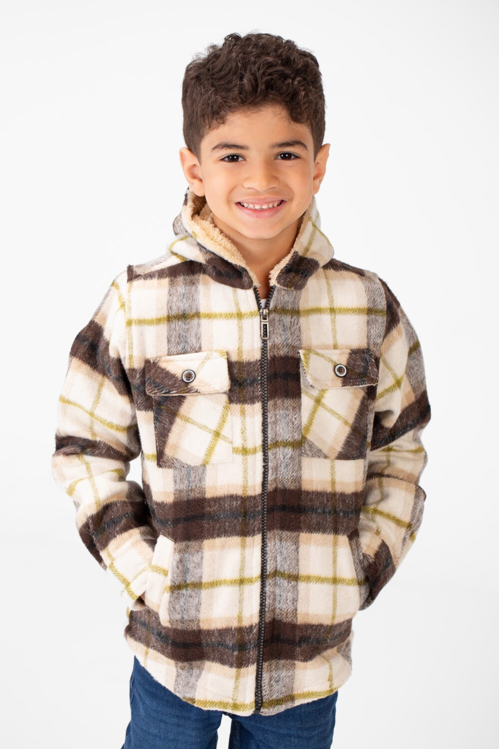 Boy's Checked Fur Padded Hood Shirt With Fully Zipped