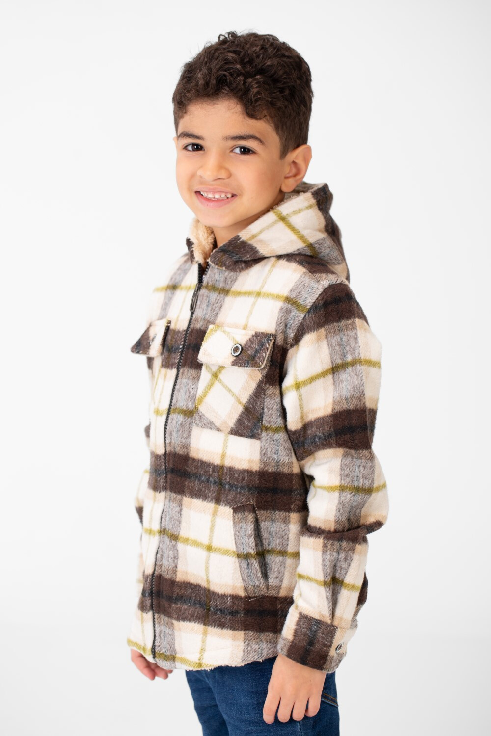 Boy's Checked Fur Padded Hood Shirt With Fully Zipped