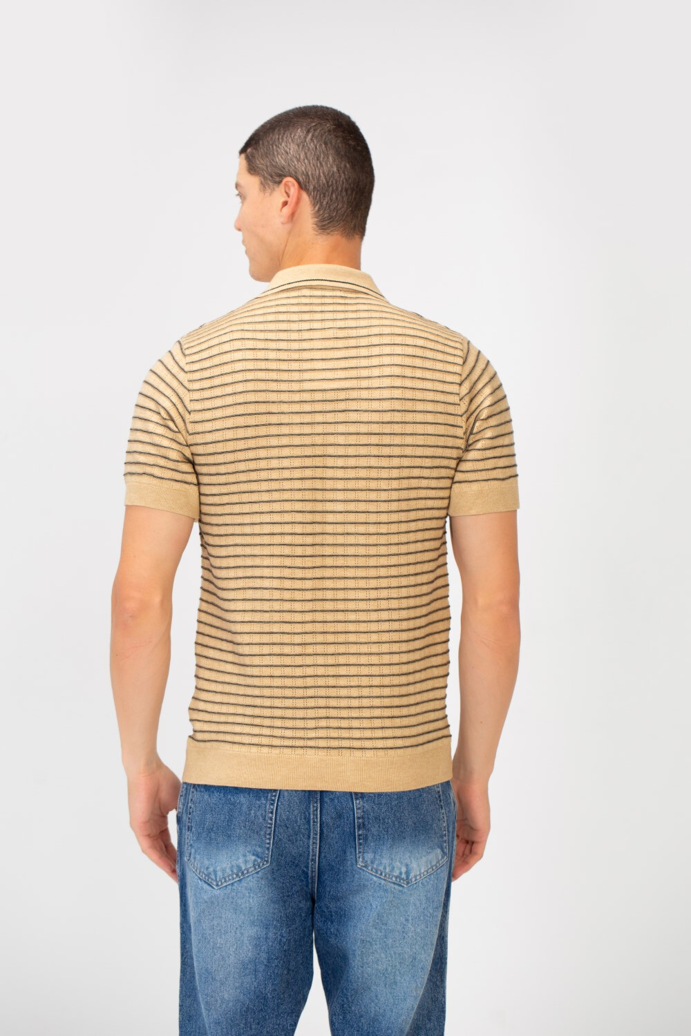 Men's Slim Fit Striped Short Sleeve Half Buttons Polo T-Shirt