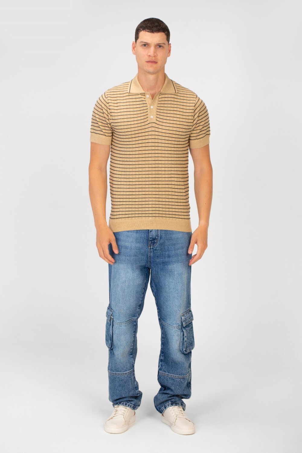 Men's Slim Fit Striped Short Sleeve Half Buttons Polo T-Shirt