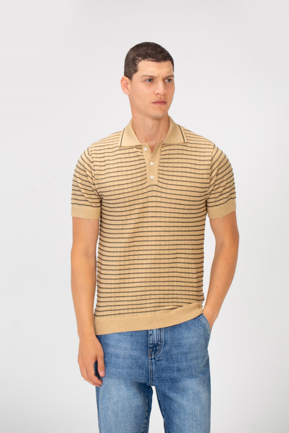 Men's Slim Fit Striped Short Sleeve Half Buttons Polo T-Shirt