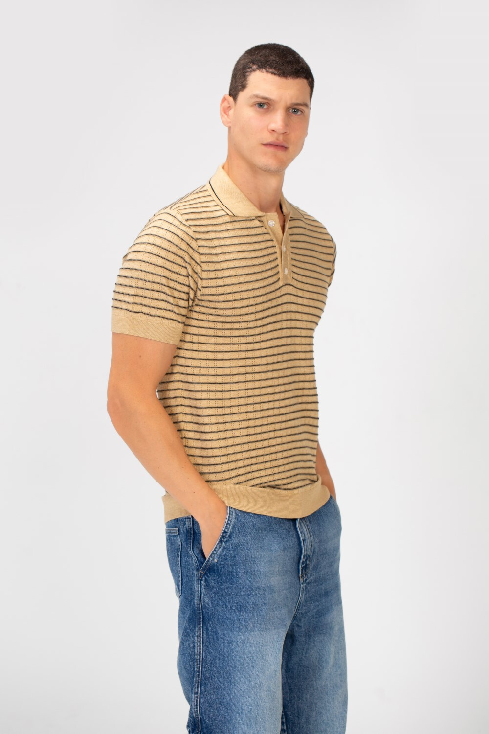 Men's Slim Fit Striped Short Sleeve Half Buttons Polo T-Shirt