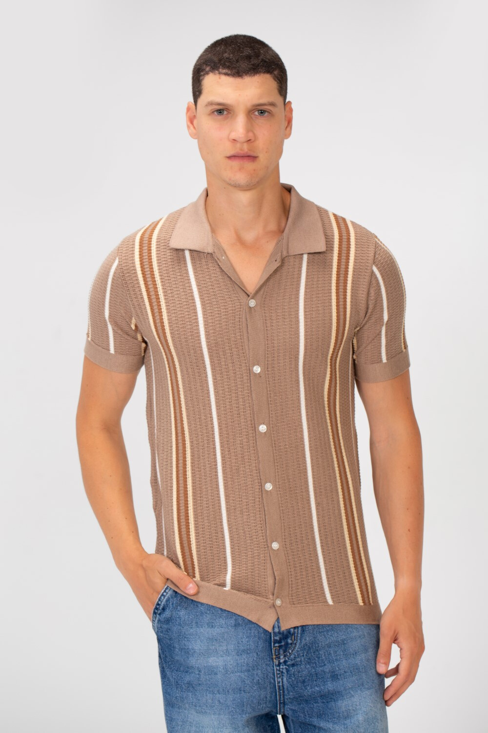 Men's Slim Fit Striped Full Button Short Sleeve Polo T-shirt 