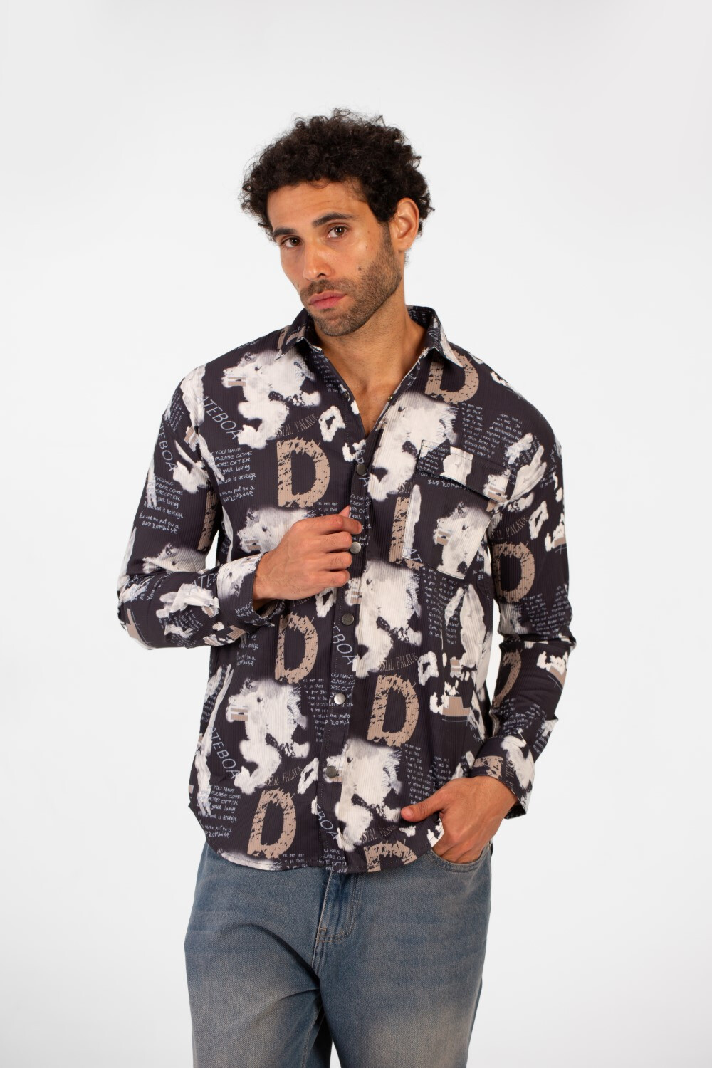 Men's Slim Fit All Over Print Long Sleeve Shirt With Front Pocket