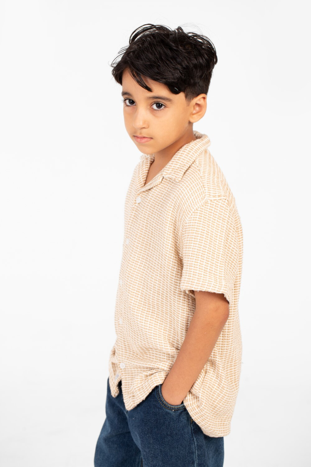 Boy's Tomato Linen Short Sleeve Shirt In Modern Design Beige